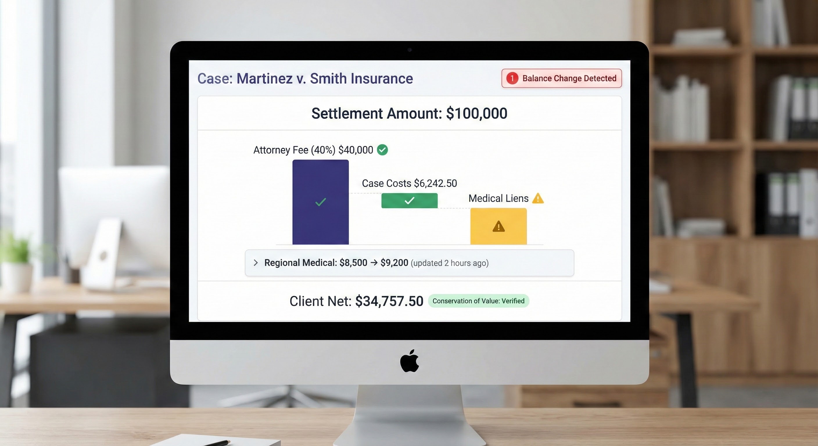 Settlement waterfall showing balance change detected alert